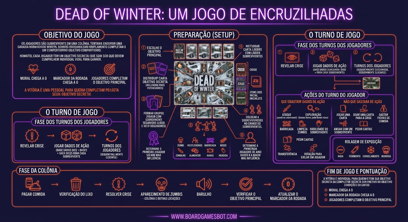 Infográfico de Como Jogar Dead of Winter: Um Jogo de Encruzilhadas