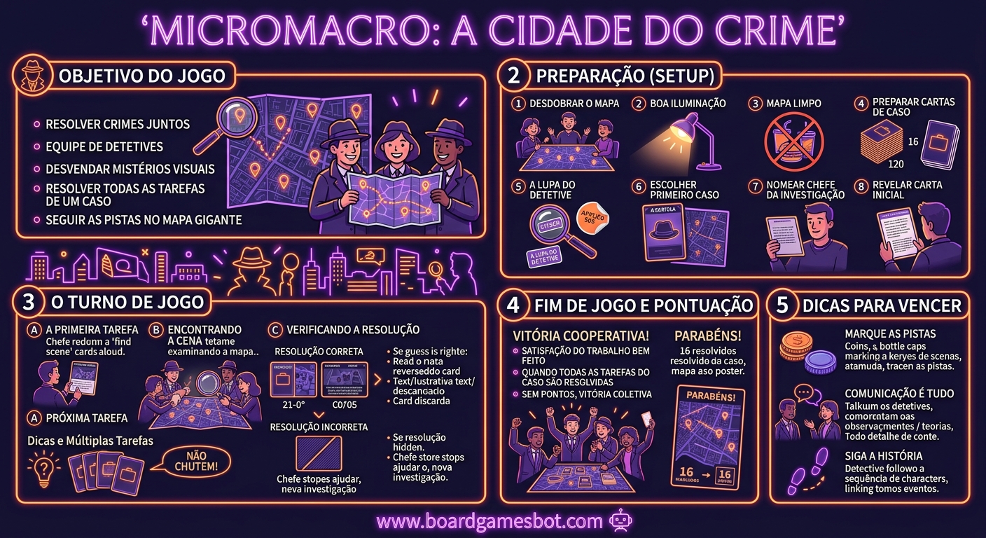 Infográfico de Como Jogar MicroMacro: A Cidade do Crime