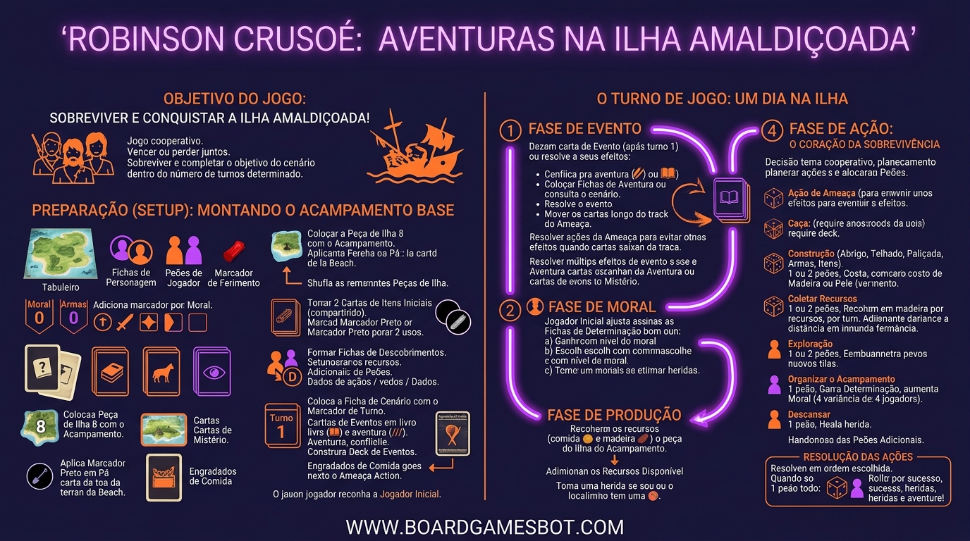 Infográfico de Como Jogar Robinson Crusoé: Aventuras na Ilha Amaldiçoada