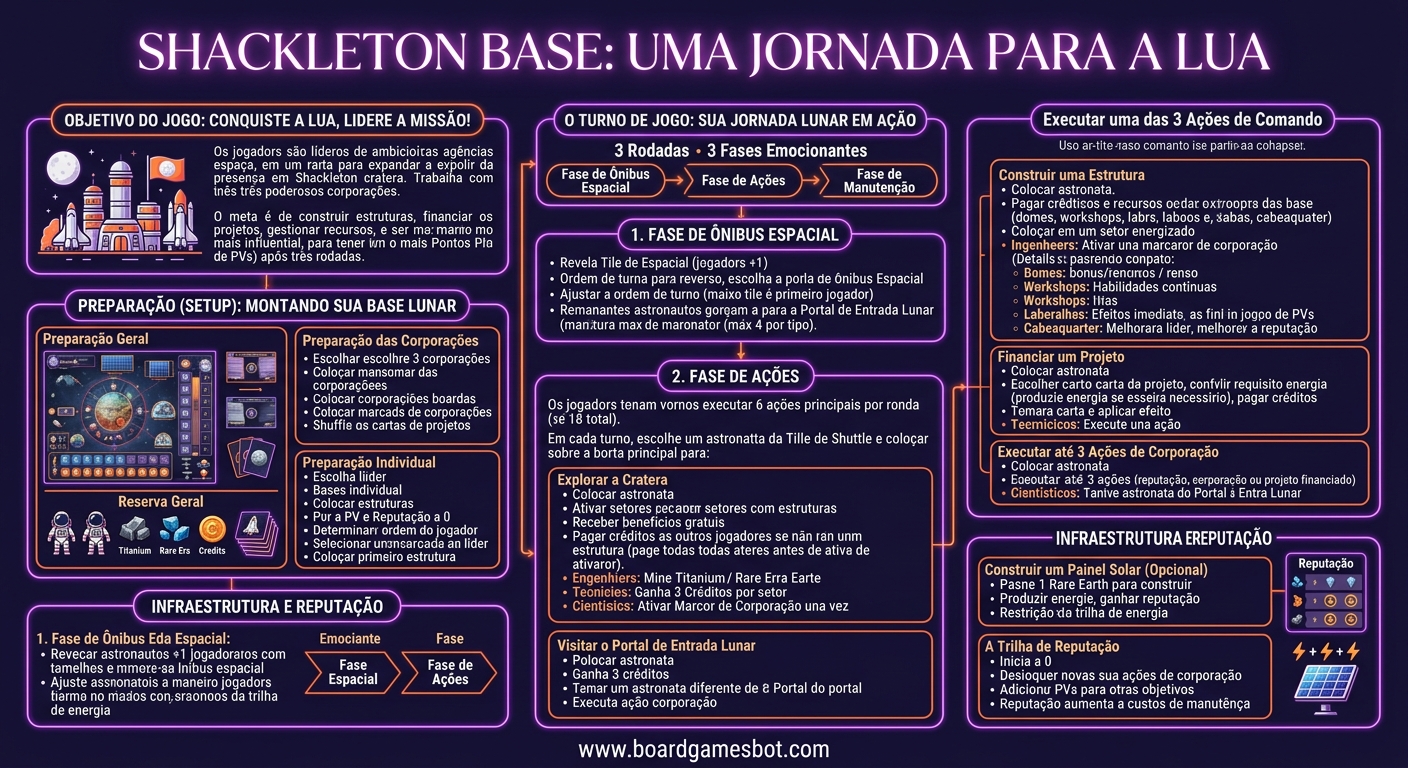 Infográfico de Como Jogar Shackleton Base: Uma Jornada para a Lua